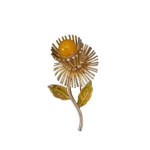 Warner Unique Brooch Metal Spike Petals Enameled Leaves Gold Yellow Center